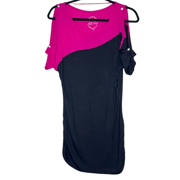 Y2K INC Rhinestone Cold Shoulder Ruched Side Colorblock Mini Dress Pink Black MP - Picture 15 of 15